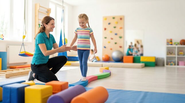 Occupational therapist encouraging child on soft balance path