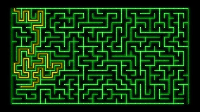 Green Neon Labyrinth Puzzle Animation With Glowing Yellow Path Navigating Through A Complex Grid To Find The Exit