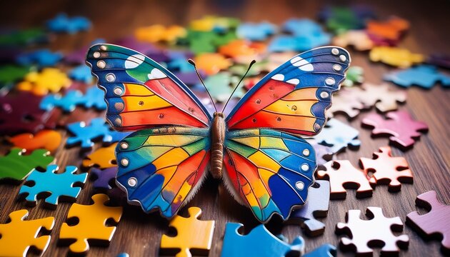the colorful puzzle butterfly sits on a surface strewn with puzzle pieces representing autism awareness neurodiversity acceptance and the uniqueness of each individual s journey
