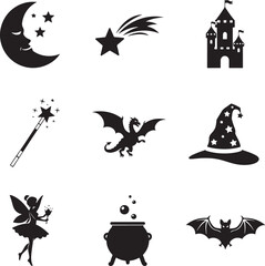 Obraz premium Black Silhouettes of Magical and Mythical Icons