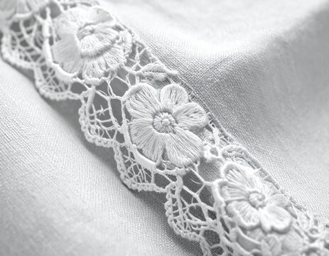Extreme macro of a linen tablecloth featuring white-on-white embroidery and the intricate lace border with floral cutwork details.