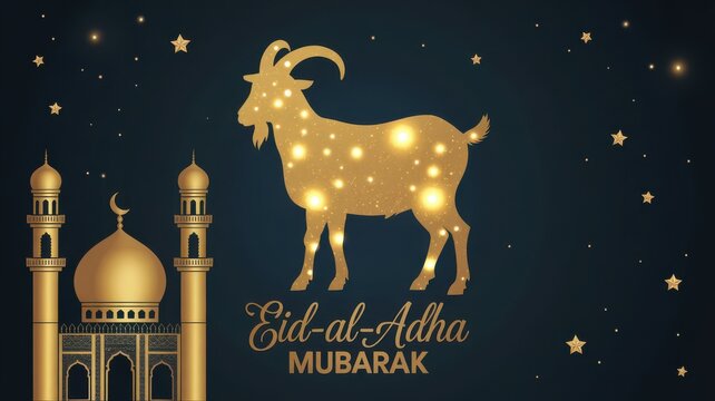 Eid-al-Adha Mubarak greeting card with golden goat silhouette and mosque on dark background