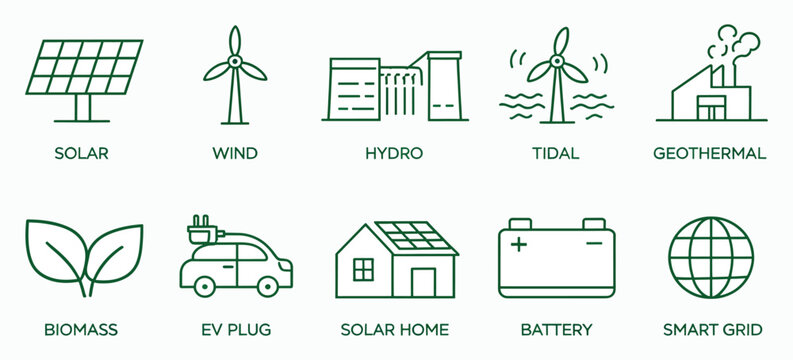 Renewable energy line icons set featuring solar panels, wind turbines, hydro dam, tidal power, geothermal plant, biomass, electric car, solar home battery and smart grid technology