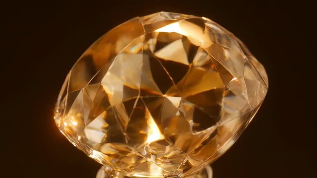 Faceted lab grown diamond rotating slowly on a stand. The brilliant gem reflects warm light against a dark background.