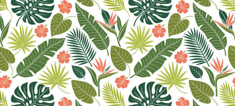 Tropical botanical seamless pattern with lush monstera palms ferns and bright exotic flowers, vibrant jungle foliage background for summer textiles wallpaper packaging and surface design