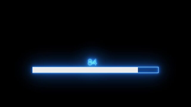 Neon Animated Progress Bar from 0 to 100 Percent, Increasing Loading Percentage Animation on Black Background, Glowing Download Progress Indicator Motion Graphic