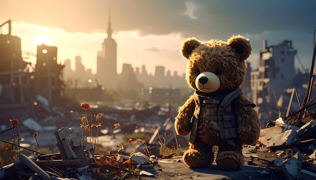 Teddy bear stands in a devastated city with sunset, ruins, and a glimmer of hope