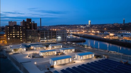 Obraz premium Desolate industrial district at blue hour shows abandoned factory being converted into community solar farm with rows of photovoltaic panels replacing old manufacturing equipment across vast