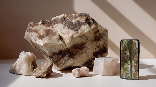 Symbolic still life arrangement pairs cracked smartphone battery with conflict mineral samples and fair trade certification documents highlighting ethical sourcing concerns in consumer electronics