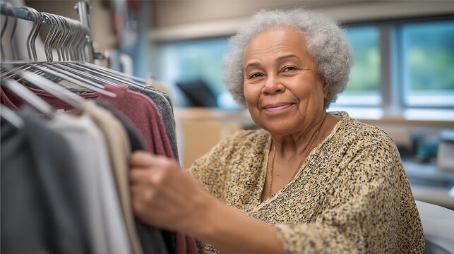 Hospital patient selecting therapeutic clothing colors with occupational therapist based on mood enhancement research in rehabilitation center with April spring blooms visible outside, ideal for