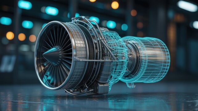 Jet turbine engine with blue digital twin wireframe overlay in high tech workshop