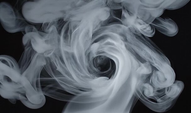 Swirling ethereal white smoke plumes and wisps forming abstract organic shapes and patterns against a stark black background in a dynamic visual study Keywords: smoke, vapor, steam, abstract