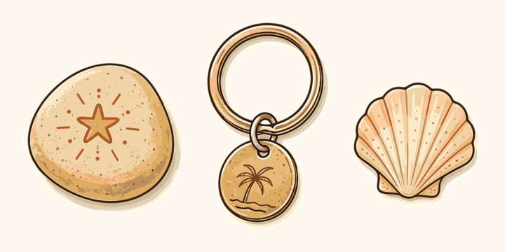 Beach vacation icons set with engraved stone palm tree keychain and seashell