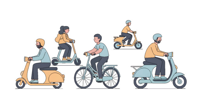 Diverse group of people riding various personal electric vehicles and scooters in a flat illustration style
