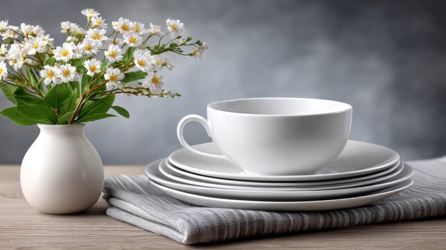 White dishes arranged on a table with flowers in a vase beside them