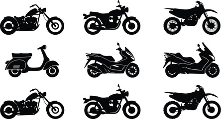 Professional motorcycle silhouette collection featuring chopper dirt bike scooter cruiser and moped icons isolated on white for automotive branding transportation design and motorcycle enthusiast pro © Adib