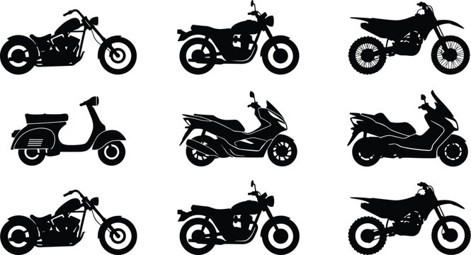 Professional motorcycle silhouette collection featuring chopper dirt bike scooter cruiser and moped icons isolated on white for automotive branding transportation design and motorcycle enthusiast pro