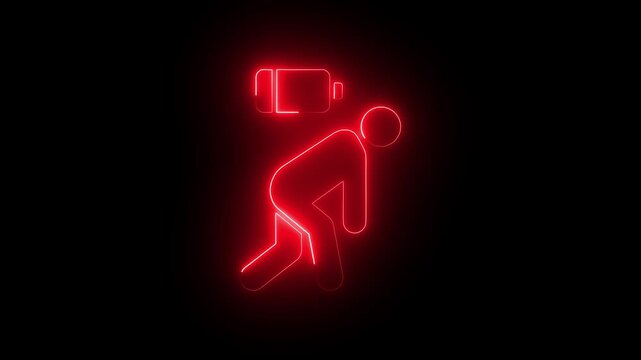 Neon low battery exhausted person animation, burnout and fatigue concept, glowing red energy depletion symbol on black background