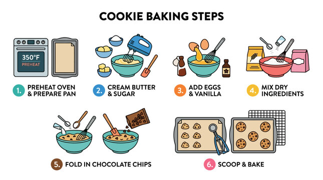 A colorful infographic showing six clear steps for baking delicious chocolate chip cookies from scratch in a home kitchen