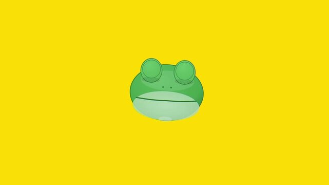 Cute Cartoon Green Frog Head on Vibrant Yellow Background. 4K Video