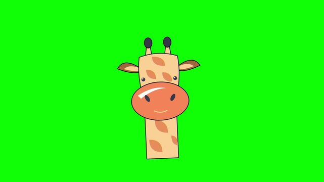 Animated cute cartoon giraffe head blinking on a green screen . 4K Video