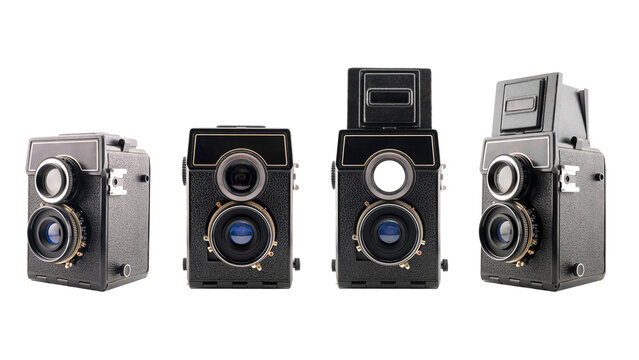 vintage black twin lens reflex camera in several views
