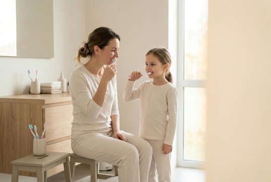 Mother demonstrating circular brushing technique while daughter brushes teeth