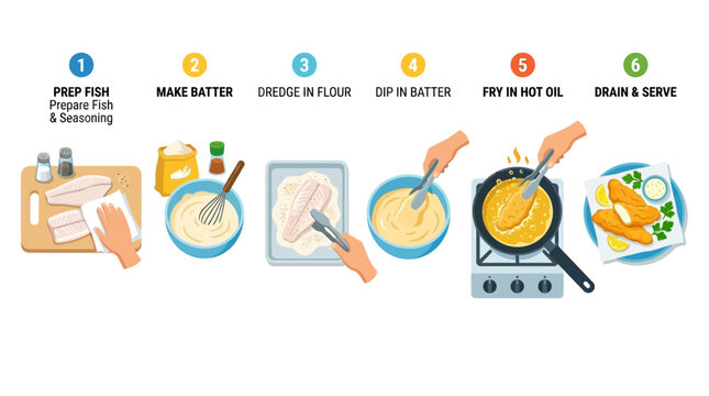 An instructional infographic showing the step by step process of preparing and frying fresh fish fillets for a delicious meal