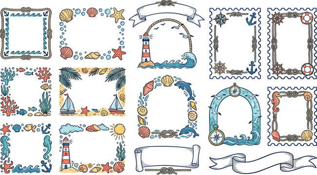 Comprehensive collection of nautical frames and borders featuring sea shells, anchors, lighthouses, coral, and hand-drawn maritime elements isolated on white background
