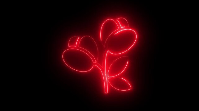 Glowing red neon flower animation on black background, minimalist botanical line floral