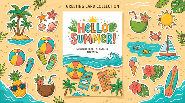 Hello Summer greeting card collection featuring retro beach stickers, palm trees, surfboard, coconut drink, and seaside top view illustration in vintage style.