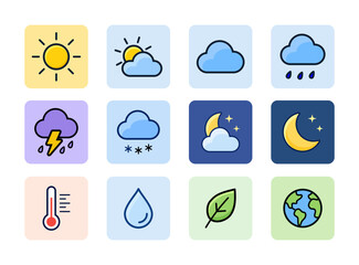 Obraz premium Weather and environment icons set logo vector illustration template. Simple design hand draw