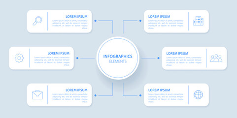 Fototapeta premium Ifographic elements and six text blocks with icons, connected by lines for workflow layout.