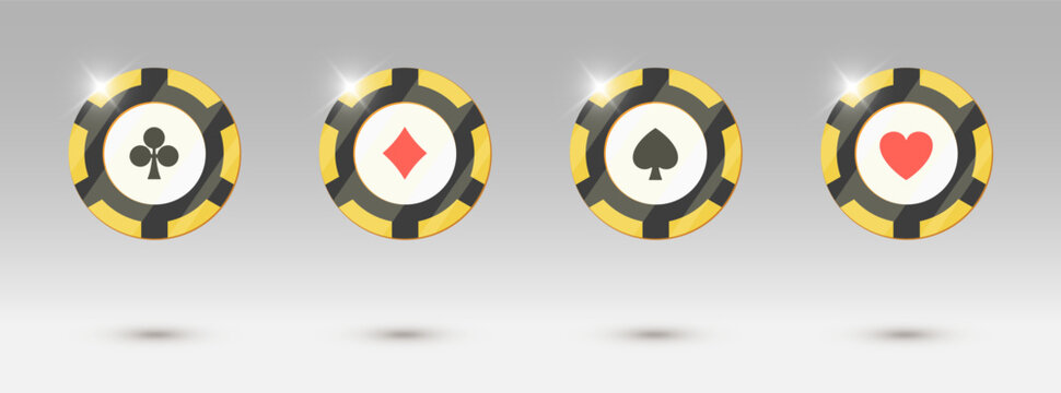 VIP gold poker chip set. 3D black golden casino coins. Spade heart diamonds club gambling symbols. Falling luxury tokens isolated white background. Online blackjack game UI design winner cash elements