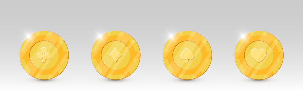 Golden 3D poker coin set. VIP sparkle gold casino chips. Falling gambling tokens isolated white background. Winner cash tokens blackjack game UI luxury symbols golden badge design elements.