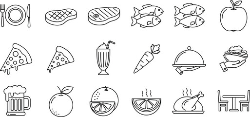 Fototapeta premium Food and Restaurant Line Icons Set with Meals Drinks Fruits Seafood Pizza and Dining Outline Collection