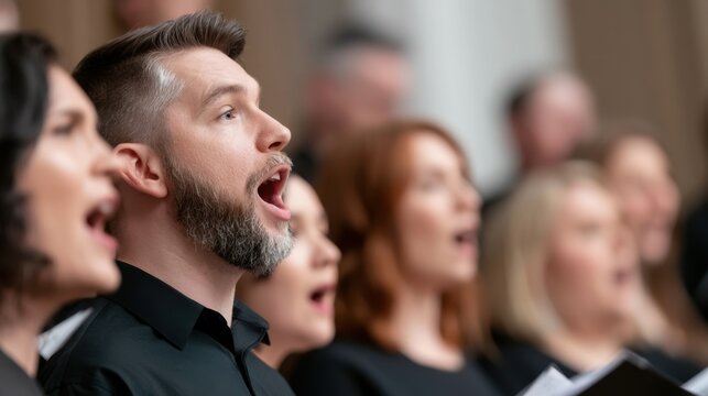 Group of people singing passionately during choir practice in modern setting