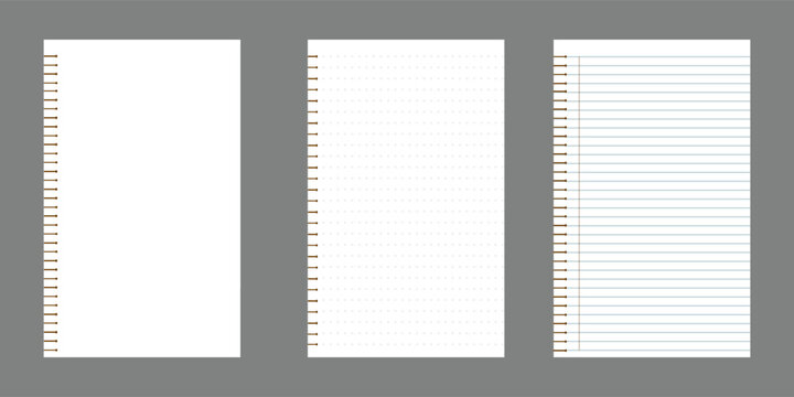 paper notebook, blank paper note book, notebook sheet, notebook page template, line notepad pages, dot graph notepad page vector illustration.