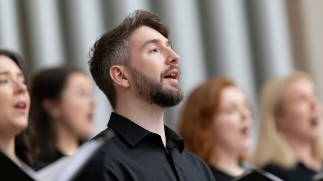 Male singer with beard in black shirt performing in choir with focused expression