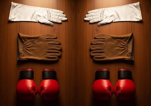 Pair of Boxing Gloves and Hand Wraps on Wooden Surface.