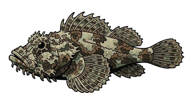 A detailed illustration of a camouflaged scorpionfish with spiky fins and a mottled brown and green pattern, resting on a white background.