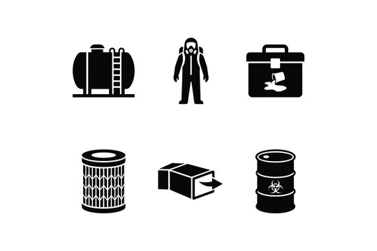 Hazardous Material Handling Icon Set with Storage Tank Hazmat Suit and Biohazard Barrel