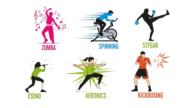 Group Fitness Classes Icon Set: Colorful Vector Graphics for Zumba, Spinning, Aerobics, and Kickboxing. Perfect for Gym Schedules and Fitness Apps