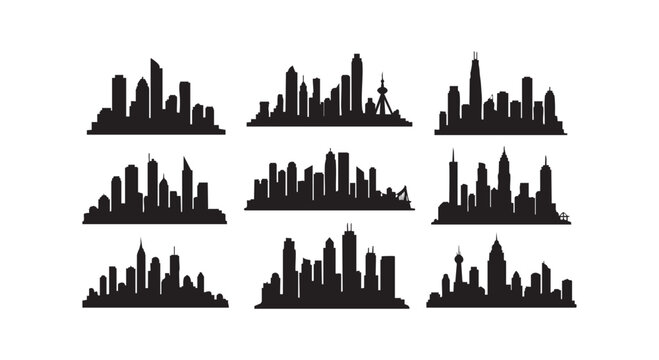Collection of modern city skyline silhouette set urban landscape buildings architecture cityscape view design.