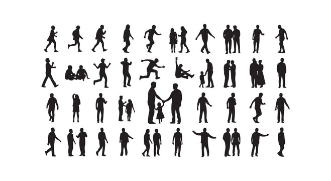 Comprehensive set of many people silhouettes showing different actions like walking sitting running and shaking hands art.