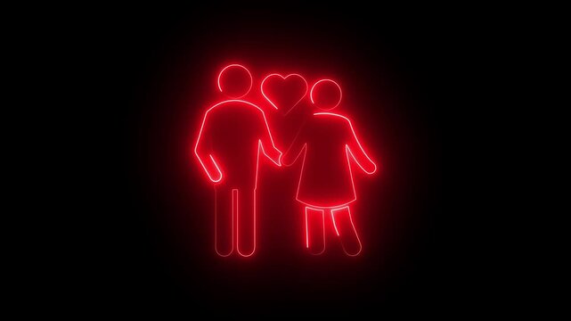 Neon red couple with heart symbol glowing animation on black background, love