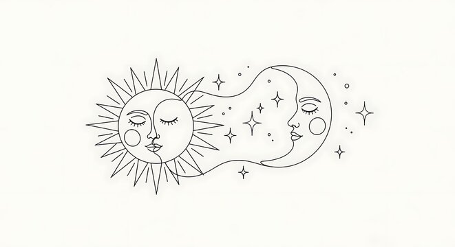 Astronomical drawing of sun and moon faces with stars
