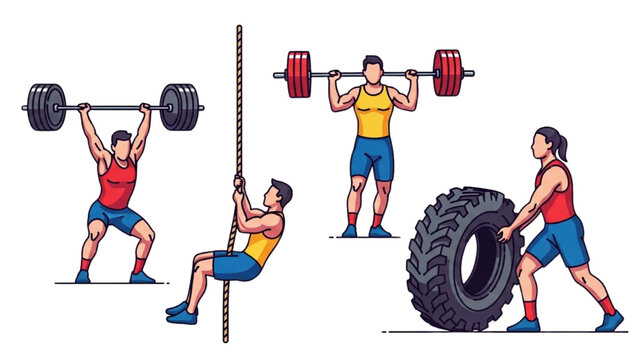 CrossFit Icons Vector Set: Colorful Graphics of Snatch, Clean and Jerk, Rope Climb, and Tire Flip for Functional Fitness and Strength Training Design