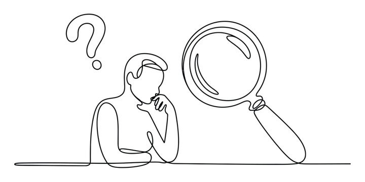 Continuous line drawing of a man thinking with a magnifying glass and a question mark symbol representing investigation and problem solving Vector, illustration