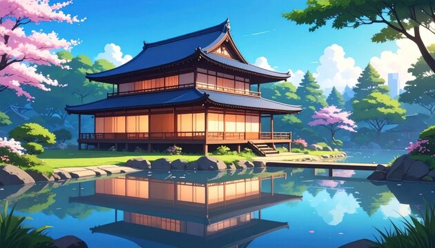 Tranquil Japanese Temple Garden Serene Reflection Cherry Blossoms.